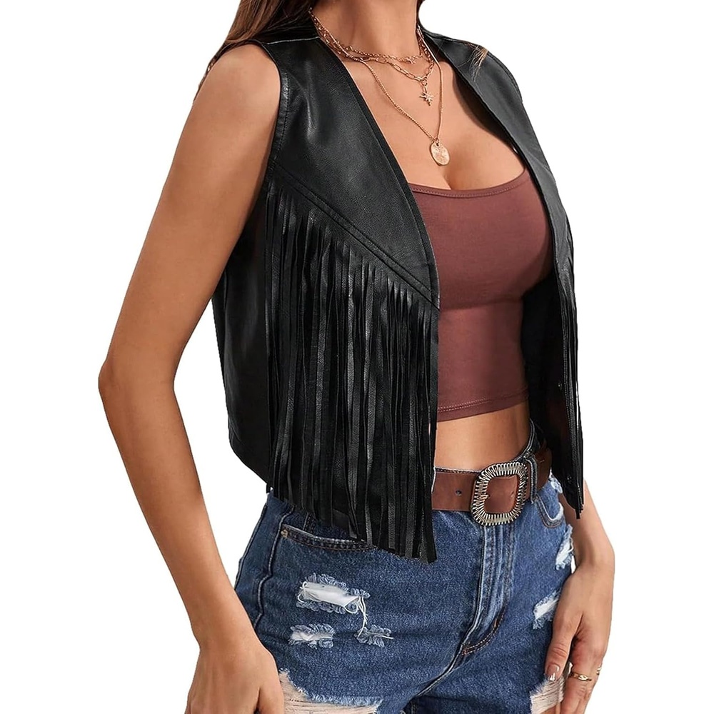image:imageWomen Leather Fringe Vest 70s Hippie Sleeveless Open Front Tassel Waistcoat Jacket Cowgirl Western Gilet OuterwearAblack