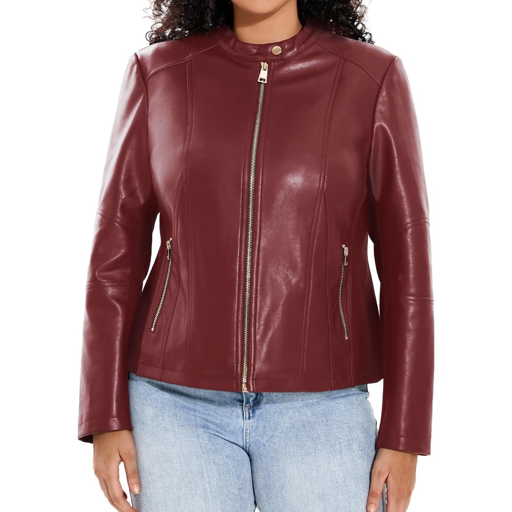 image:imageWomen Plus Size Faux Leather Moto Jacket Oversized Motorcycle Coat soft faux PU leather materialclassic lapel biker designmulti zipper pocketslong sleeve moto jacketwomen motorcycle coatWine Red 102