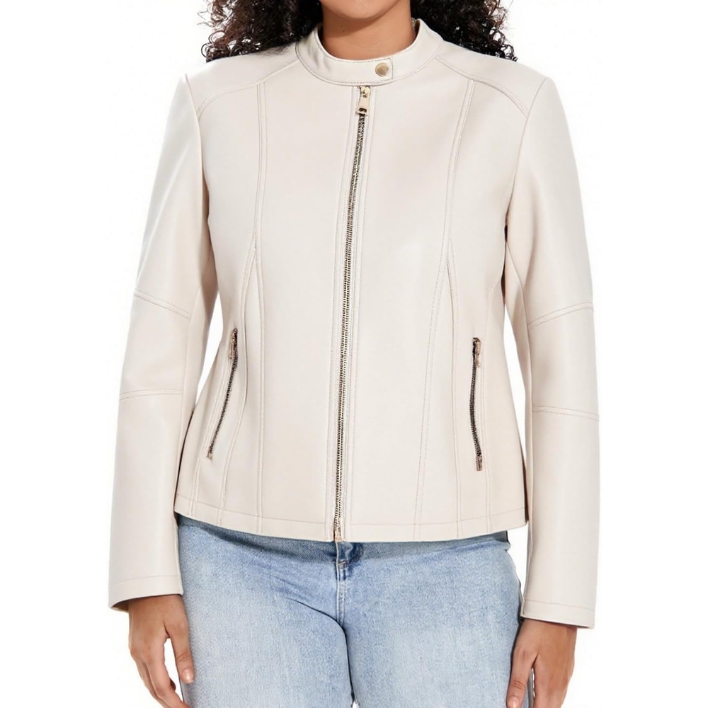 image:imageWomen Plus Size Faux Leather Moto Jacket Oversized Motorcycle Coat soft faux PU leather materialclassic lapel biker designmulti zipper pocketslong sleeve moto jacketwomen motorcycle coatBeige 102