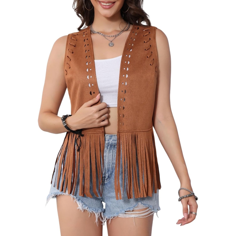 image:imageWomens Boho Fringe Vest Western Suede Sleeveless Jacket for Festival Cowgirl Outfit 70s Retro Style Layering Vest07 Brown