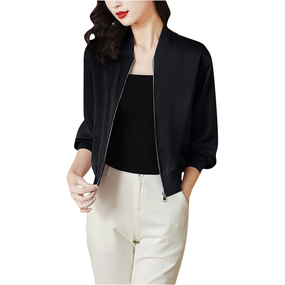 image:imageWomens Bomber Jacket Satin Silk Coat Casual Stand Collar Zip Up Lightweight Fall Fashion Jackets with PocketsBlack