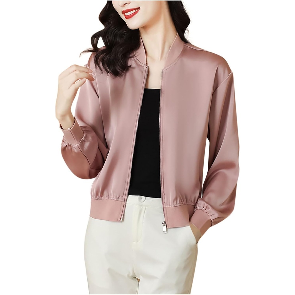 image:imageWomens Bomber Jacket Satin Silk Coat Casual Stand Collar Zip Up Lightweight Fall Fashion Jackets with PocketsPink