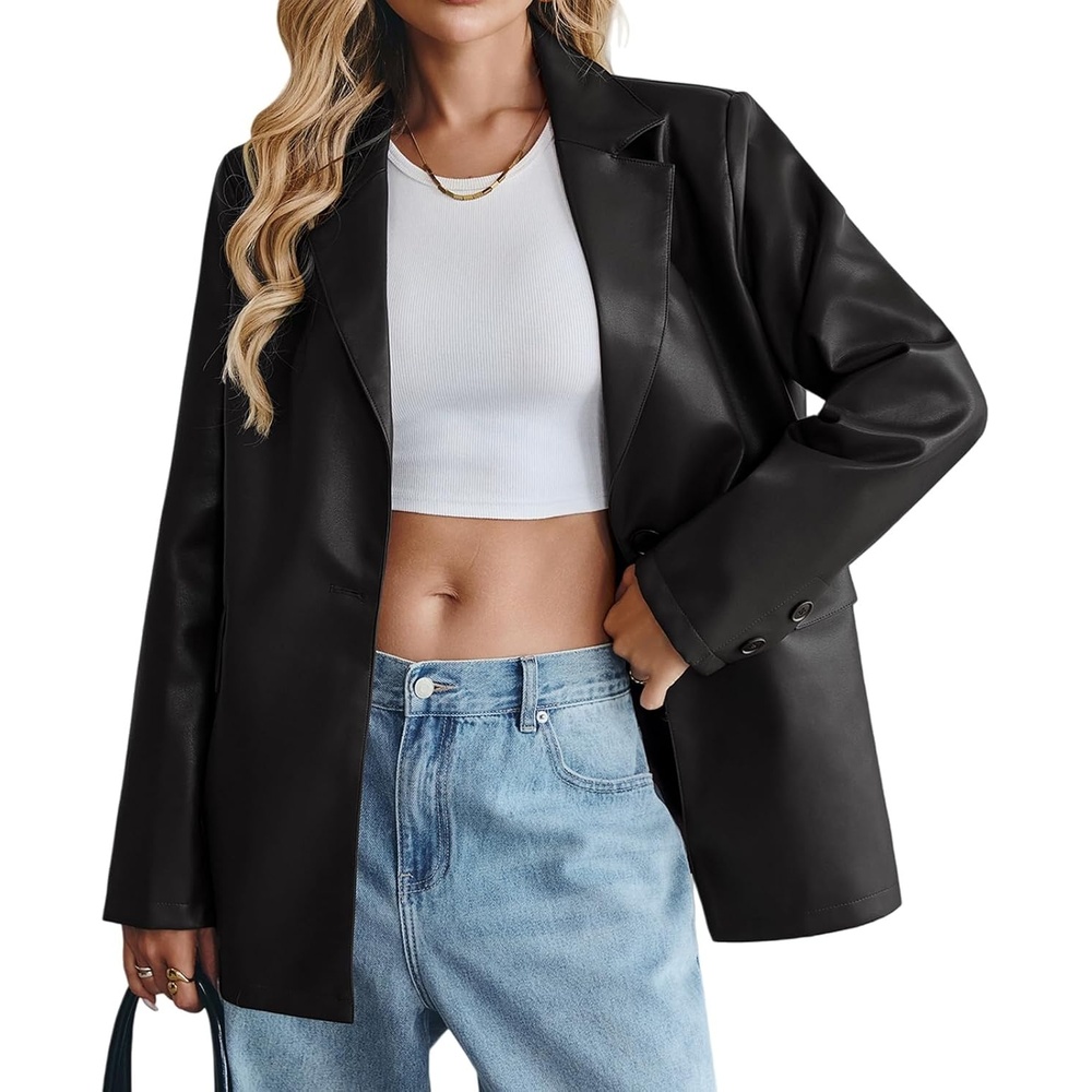 image:imageWomens Faux Leather Blazer Oversized Bomber Winter Coat Motocycle Button Down Fall Jackets with PocketsBlack
