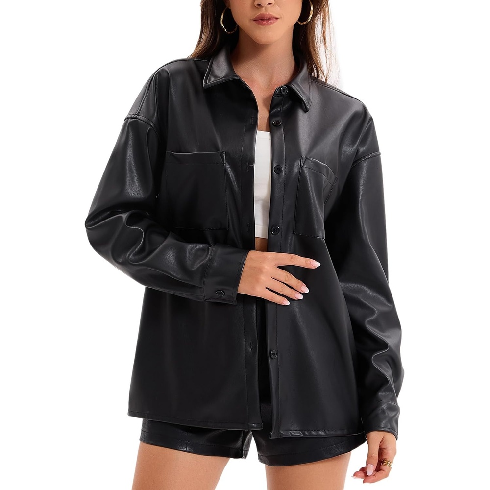 image:imageWomens Faux Leather Button Up Shirt Jacket Pleather Blouse Shacket Tops Pu Faux Leather Button DownBlack