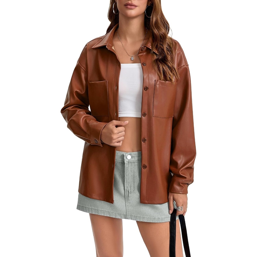 image:imageWomens Faux Leather Button Up Shirt Jacket Pleather Blouse Shacket Tops Pu Faux Leather Button DownBrown