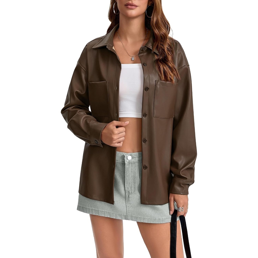 image:imageWomens Faux Leather Button Up Shirt Jacket Pleather Blouse Shacket Tops Pu Faux Leather Button DownCoffee