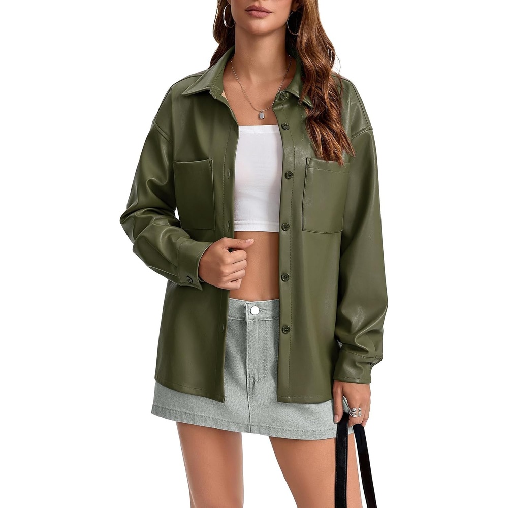 image:imageWomens Faux Leather Button Up Shirt Jacket Pleather Blouse Shacket Tops  Pu Faux Leather Button DownGreen