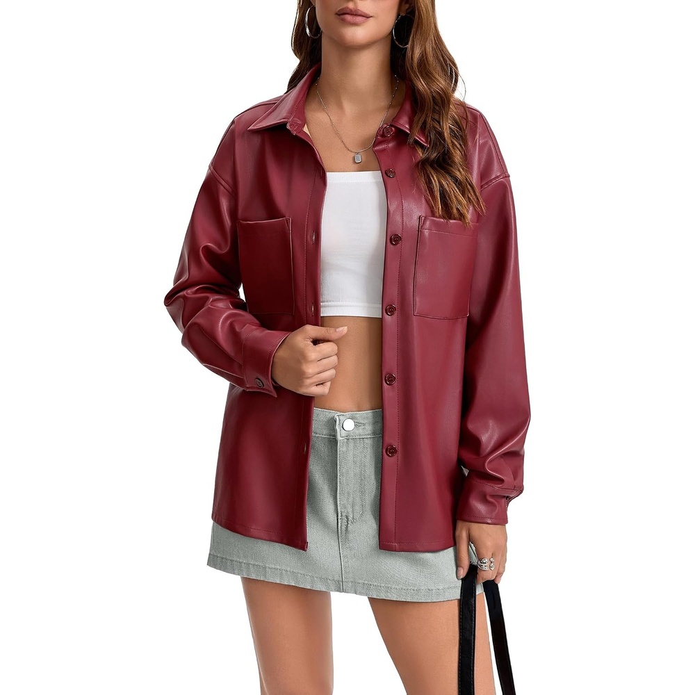 image:imageWomens Faux Leather Button Up Shirt Jacket Pleather Blouse Shacket Tops Pu Faux Leather Button DownRed