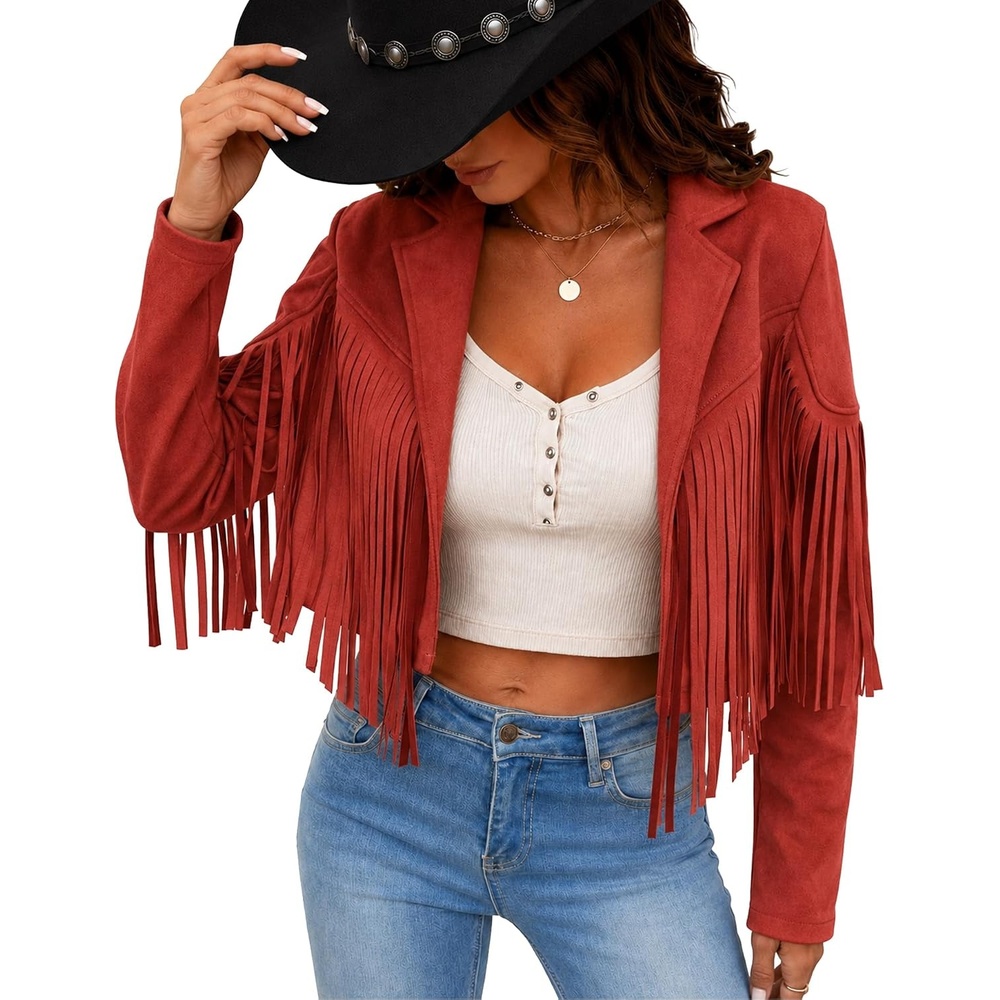 image:imageWomens Faux Suede Leather Tassel Jackets With Lining Cropped Fringe Coats 80s Outfit For Women Lined Interior for Comfortable Layering Nashville Outfits Rodeo amp Country Concert Looks Cowboy Party WearRed