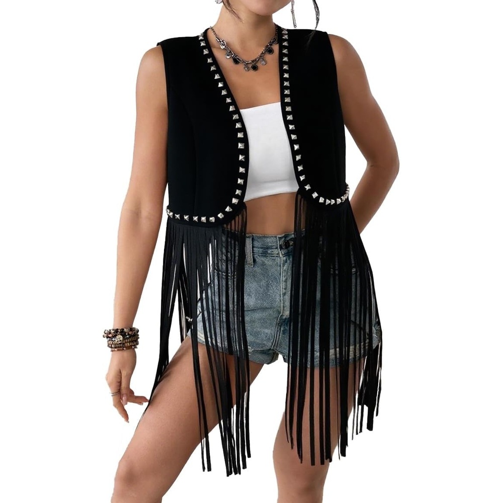 image:imageWomens Fringe Vest 60s 70s Hippie Vest Sleeveless Cowgirl Western Faux Suede Tassel Leather Jacket Hippie Party04 Black