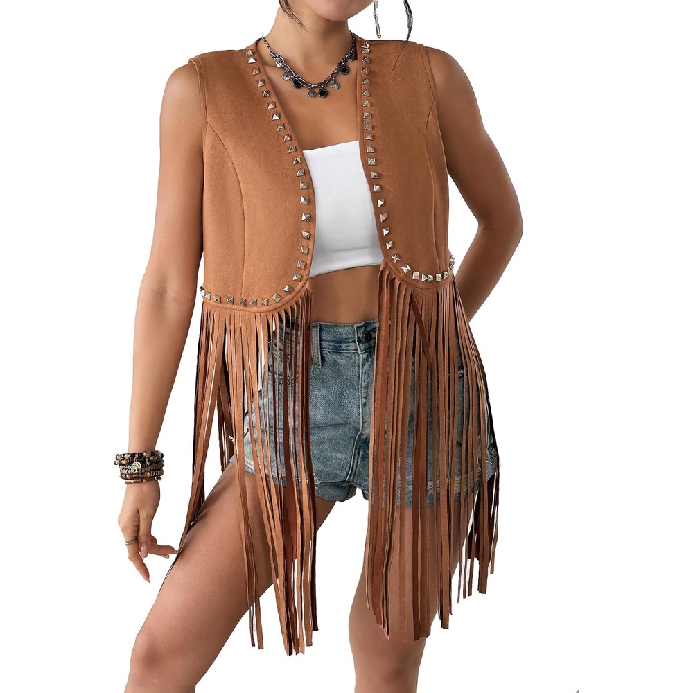 image:imageWomens Fringe Vest 60s 70s Hippie Vest Sleeveless Cowgirl Western Faux Suede Tassel Leather Jacket Hippie Party04 Brown