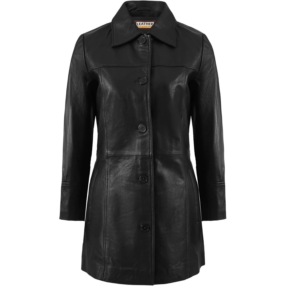 image:imageWomens Lambskin Leather Car Coat Classic 34 Length Style OvercoatBlack