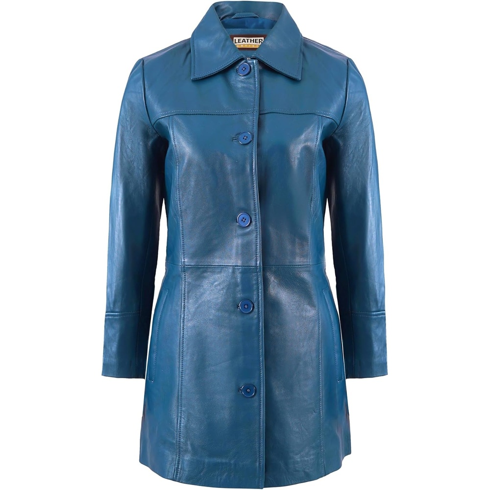 image:imageWomens Lambskin Leather Car Coat  Classic 34 Length Style OvercoatBlue