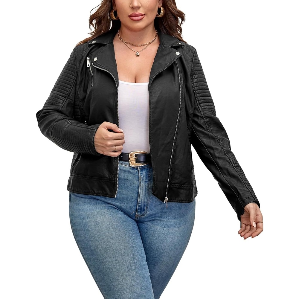 image:imageWomens Plus Size Faux Leather Zip Up Moto Jacket Fashion Coats 1X5X Geschallino Spring Fall OutfitsStand CollarLapelGoing Out Concert Party Clothesfor Commute Travel and Daily StreetwearDeep Black