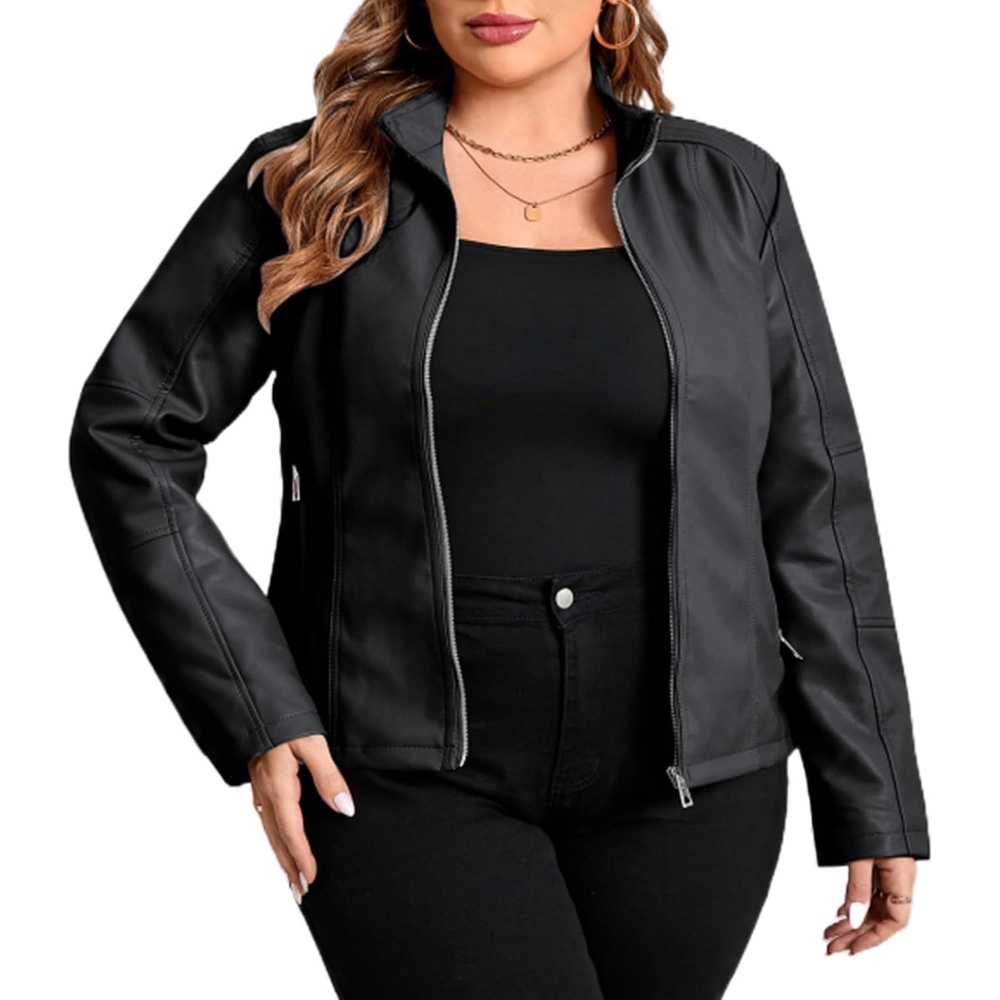 image:imageWomens Plus Size Faux Leather Zip Up Moto Jacket Fashion Coats 1X5X Geschallino Spring Fall OutfitsStand CollarLapelGoing Out Concert Party Clothesfor Commute Travel and Daily StreetwearLight Black