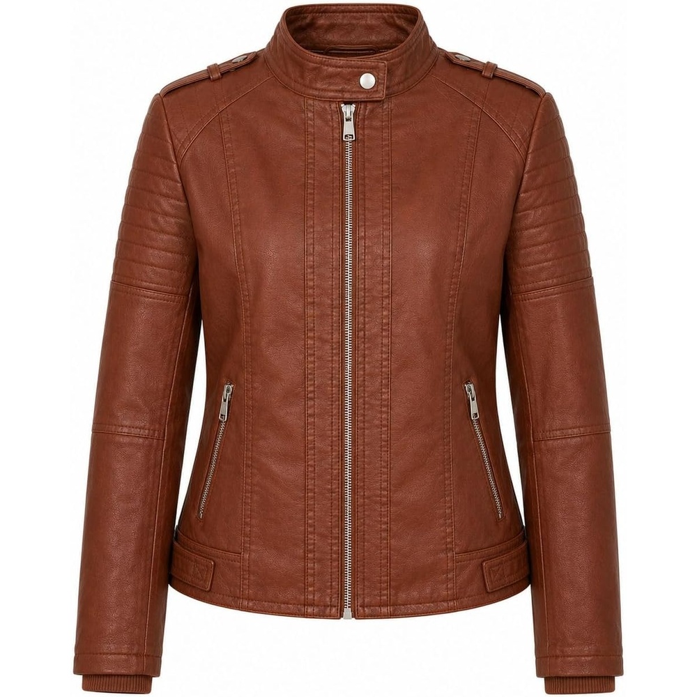 image:imageWomens Vegan Faux Leather Lighweight Biker JacketBrandy