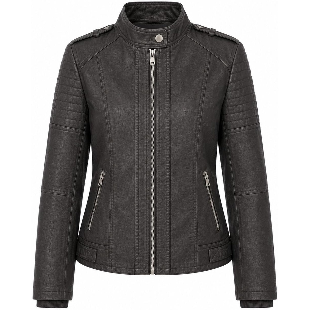 image:imageWomens Vegan Faux Leather Lighweight Biker JacketCharcoal