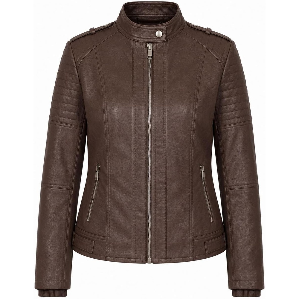 image:imageWomens Vegan Faux Leather Lighweight Biker JacketChocolate