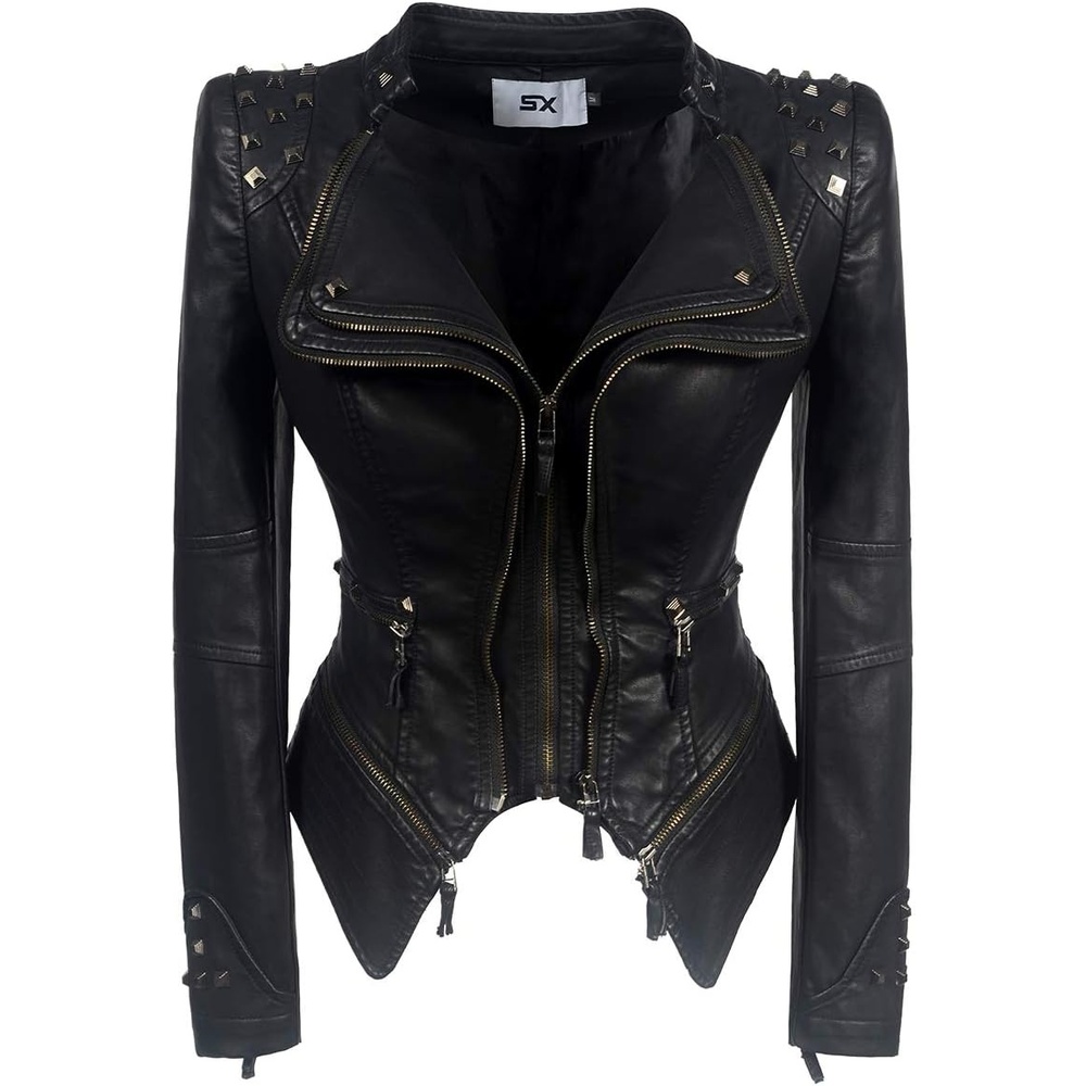 image:imageWomens classic Lapel punk rivet leather jacket personality fashion sexy dovetail Motorcycle casual coatPublack