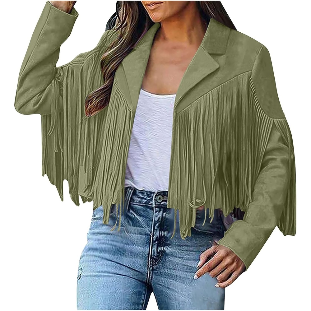image:imageYMADREIG Womens Fringe Jacket Faux Suede Leather Jackets Tassel Motorcycle Cowgirl Outfits Fall Fashion Western Crop JacketA01army Green