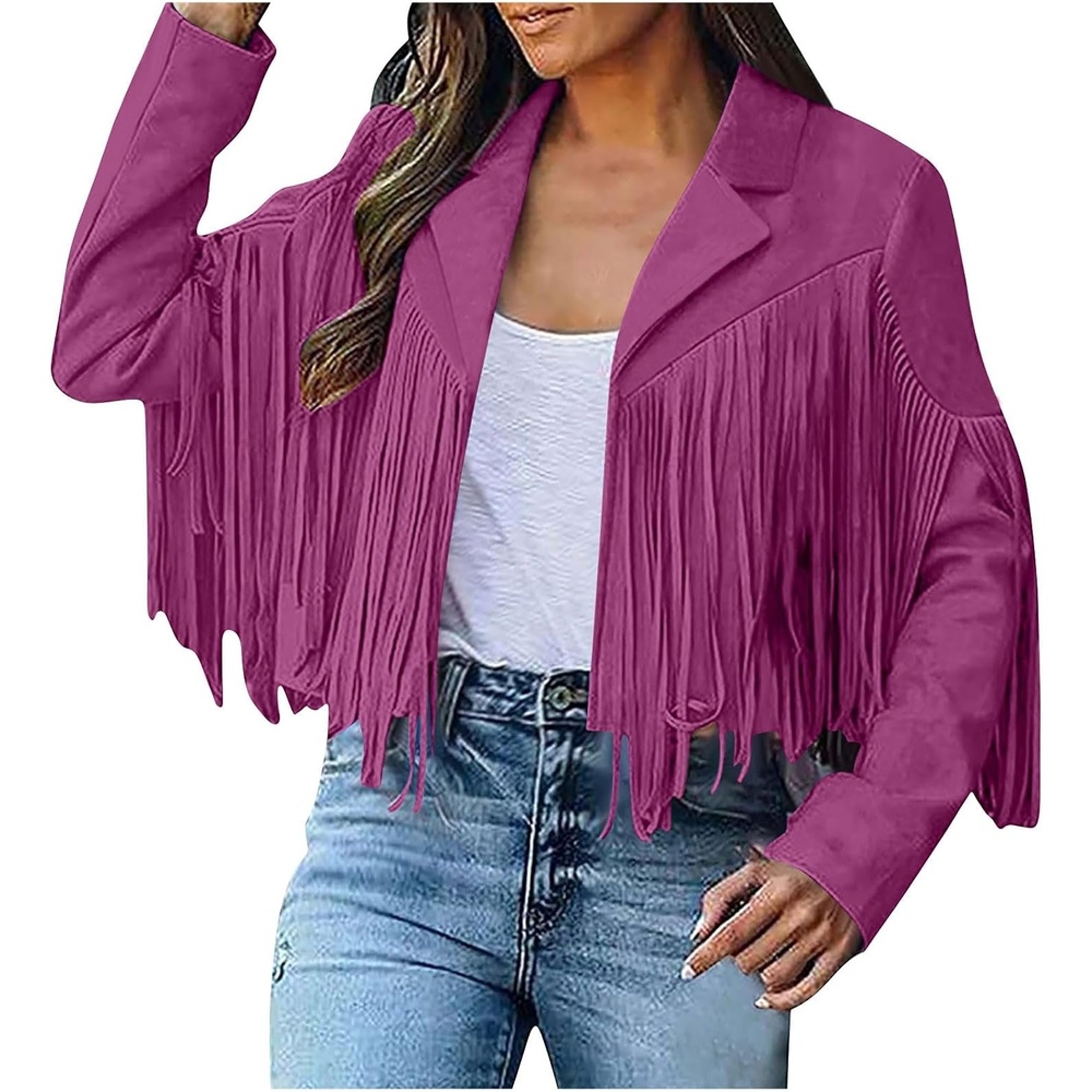 image:imageYMADREIG Womens Fringe Jacket Faux Suede Leather Jackets Tassel Motorcycle Cowgirl Outfits Fall Fashion Western Crop JacketA01hot Pink