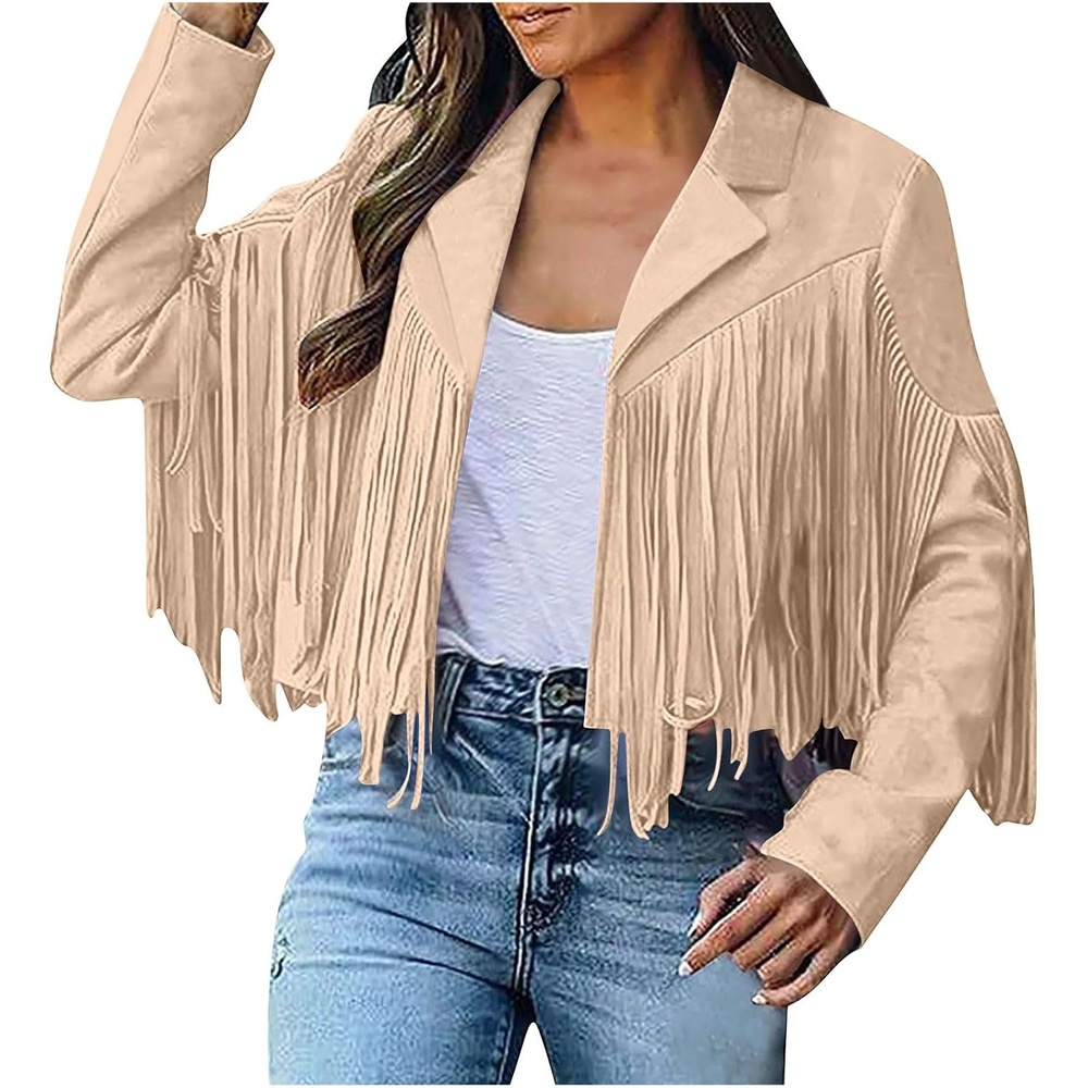 image:imageYMADREIG Womens Fringe Jacket Faux Suede Leather Jackets Tassel Motorcycle Cowgirl Outfits Fall Fashion Western Crop JacketA01khaki