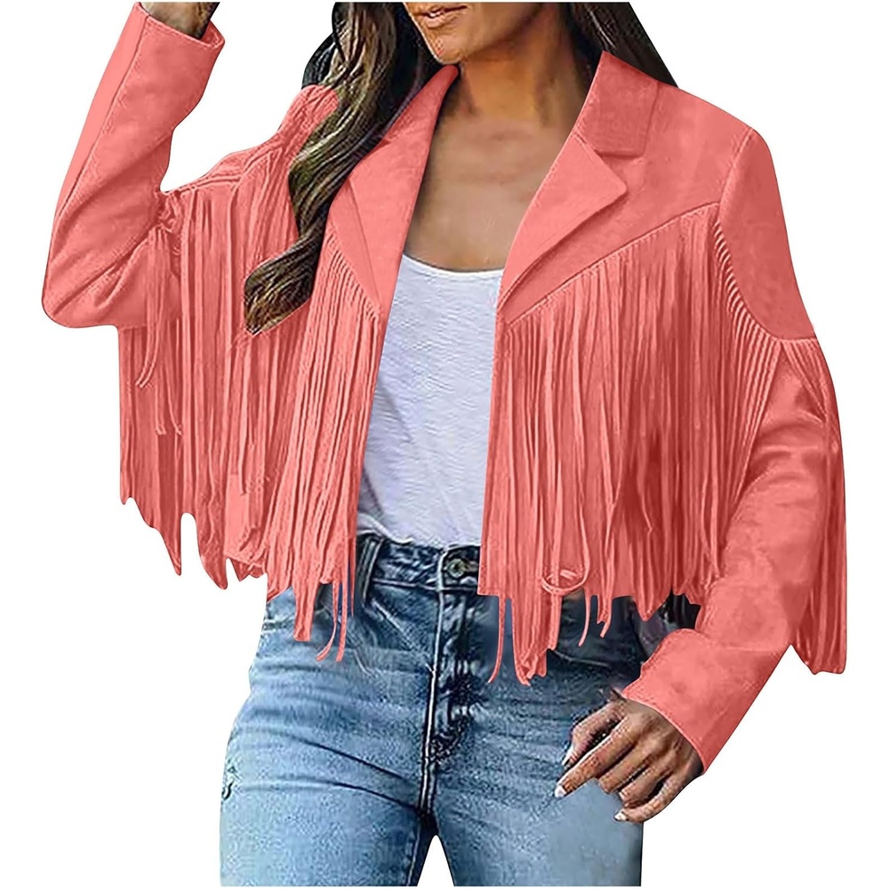 image:imageYMADREIG Womens Fringe Jacket Faux Suede Leather Jackets Tassel Motorcycle Cowgirl Outfits Fall Fashion Western Crop JacketA01orange