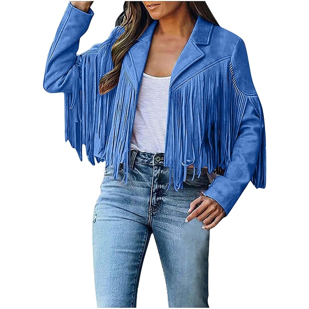 image:imageYMADREIG Womens Fringe Jacket Faux Suede Leather Jackets Tassel Motorcycle Cowgirl Outfits Fall Fashion Western Crop JacketA02blue