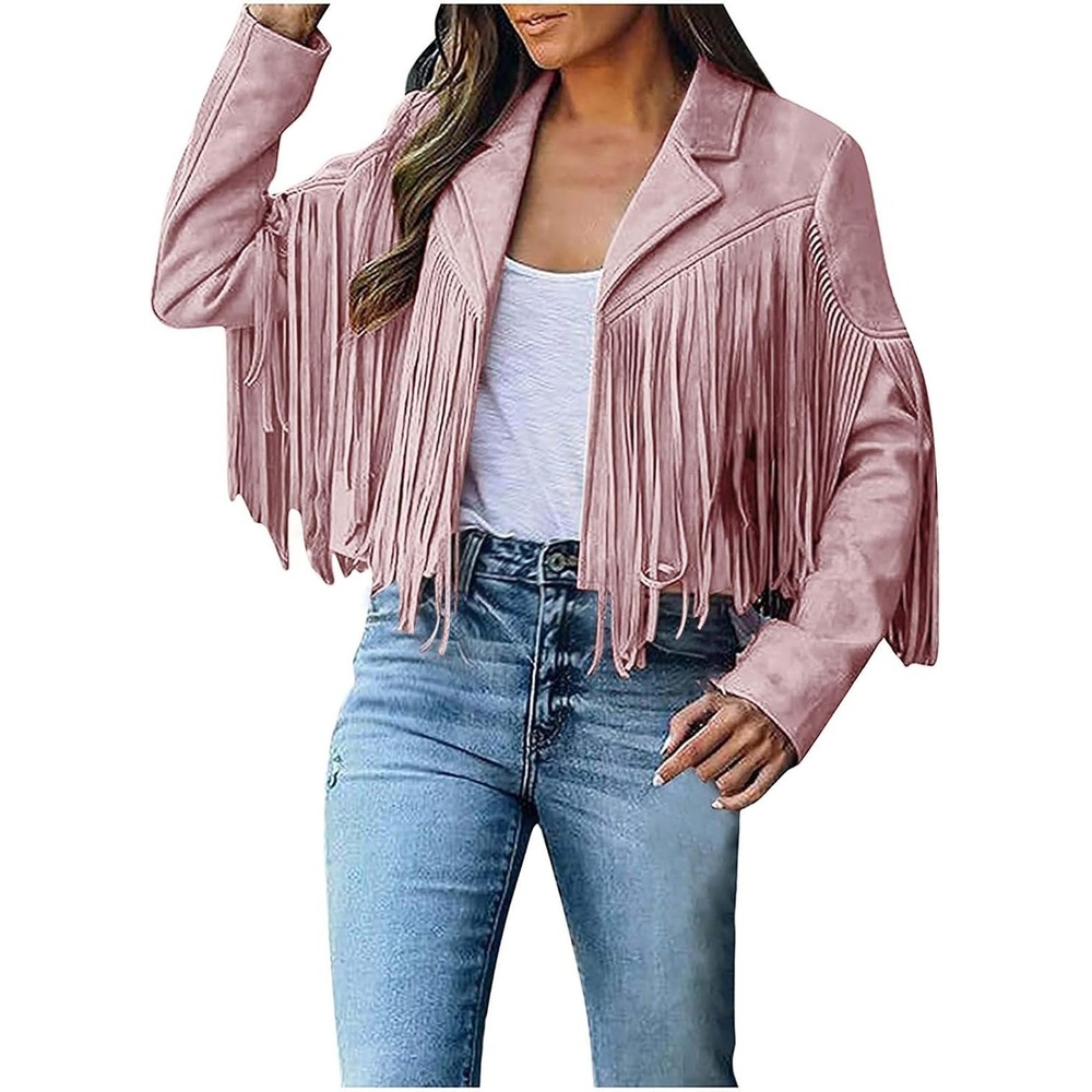 image:imageYMADREIG Womens Fringe Jacket Faux Suede Leather Jackets Tassel Motorcycle Cowgirl Outfits Fall Fashion Western Crop JacketA02pink