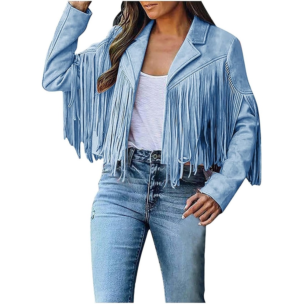 image:imageYMADREIG Womens Fringe Jacket Faux Suede Leather Jackets Tassel Motorcycle Cowgirl Outfits Fall Fashion Western Crop JacketA03light Blue