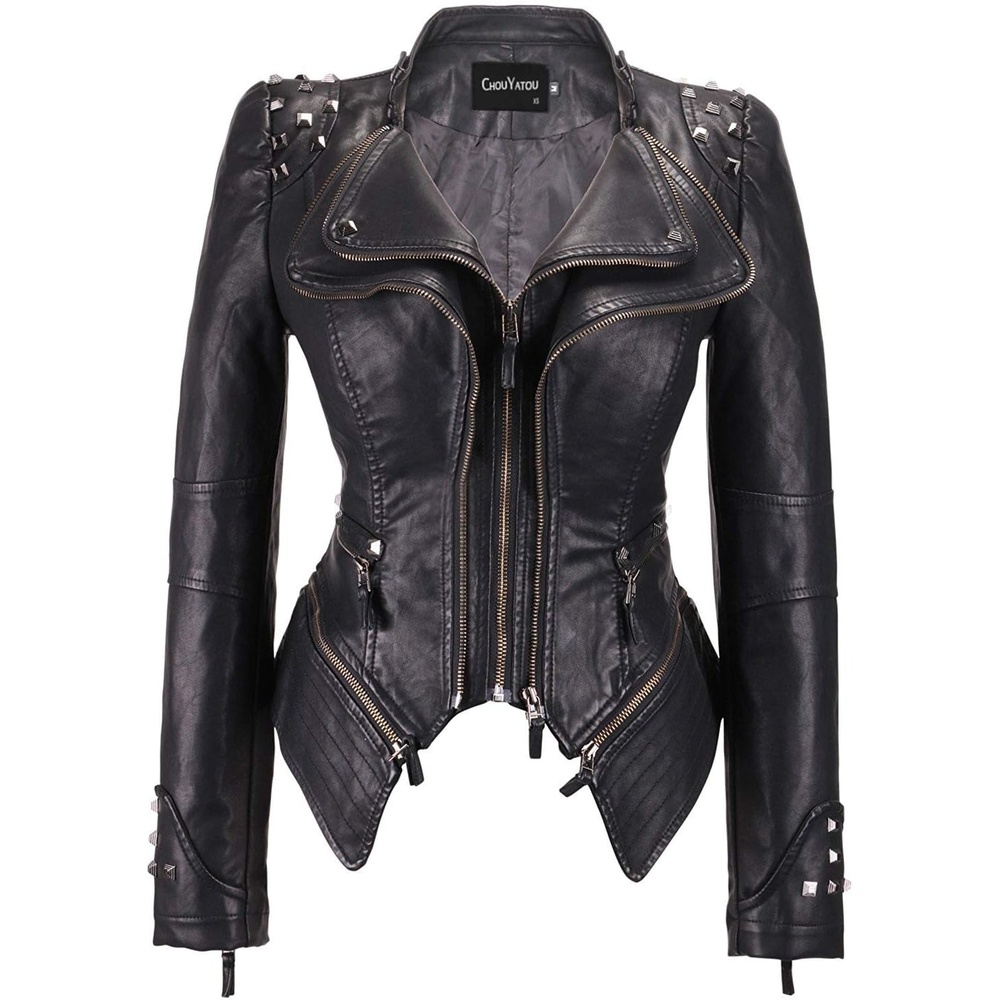 image:imagechouyatou Womens Fashion Studded Perfectly Shaping Faux Leather Biker JacketBlack