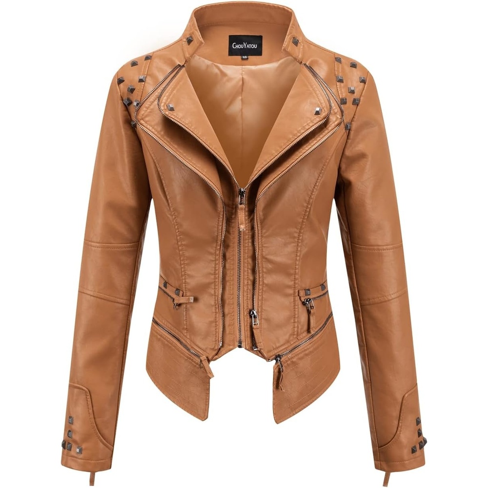 image:imagechouyatou Womens Fashion Studded Perfectly Shaping Faux Leather Biker JacketBrown
