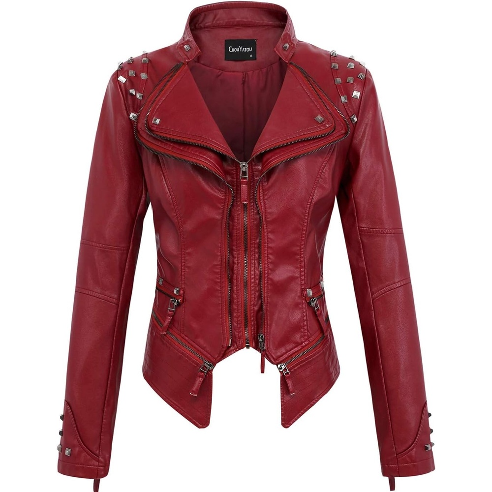 image:imagechouyatou Womens Fashion Studded Perfectly Shaping Faux Leather Biker JacketDark Red