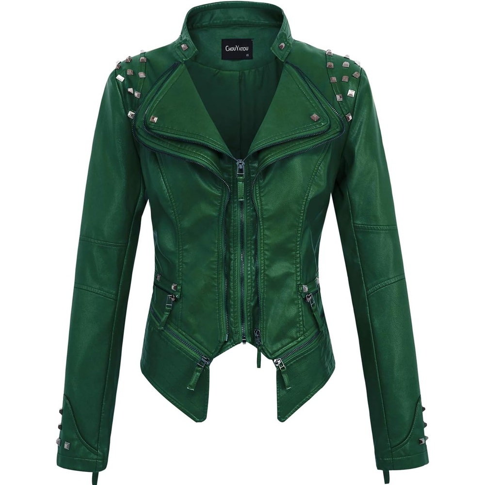 image:imagechouyatou Womens Fashion Studded Perfectly Shaping Faux Leather Biker JacketGreen