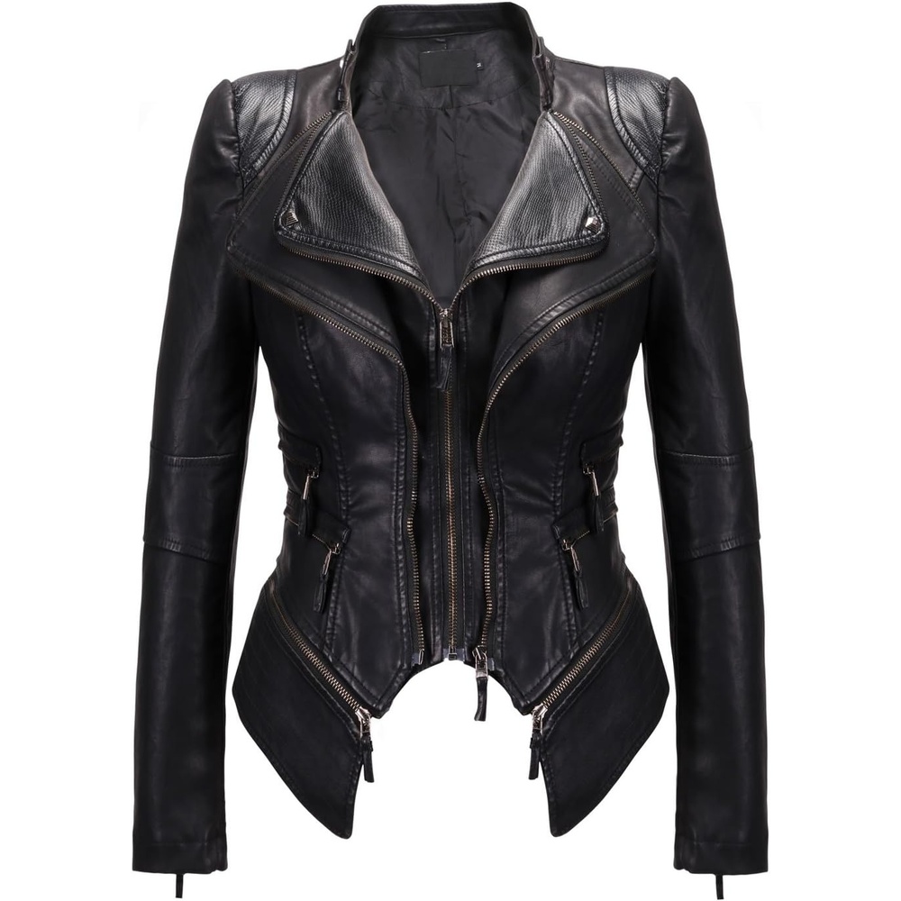 image:imagechouyatou Womens Fashion Studded Perfectly Shaping Faux Leather Biker JacketNewblack