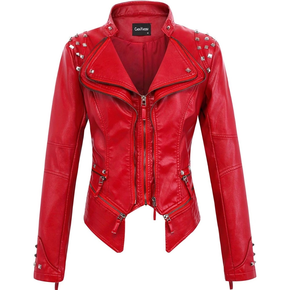 image:imagechouyatou Womens Fashion Studded Perfectly Shaping Faux Leather Biker JacketRed