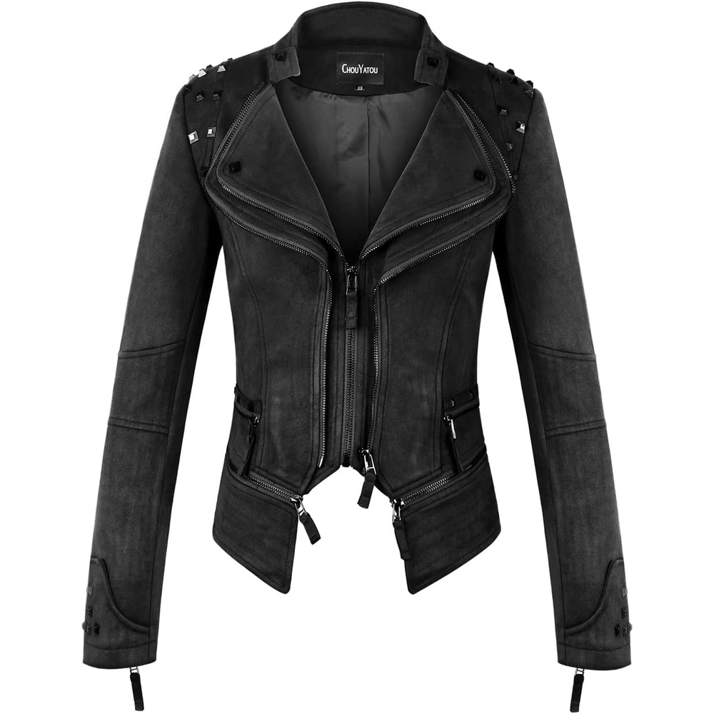 image:imagechouyatou Womens Fashion Studded Perfectly Shaping Faux Leather Biker JacketSuede Black