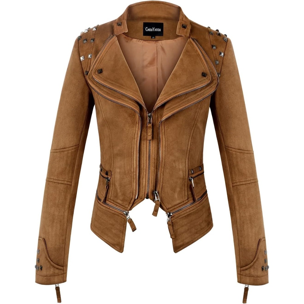 image:imagechouyatou Womens Fashion Studded Perfectly Shaping Faux Leather Biker JacketSuede Brown