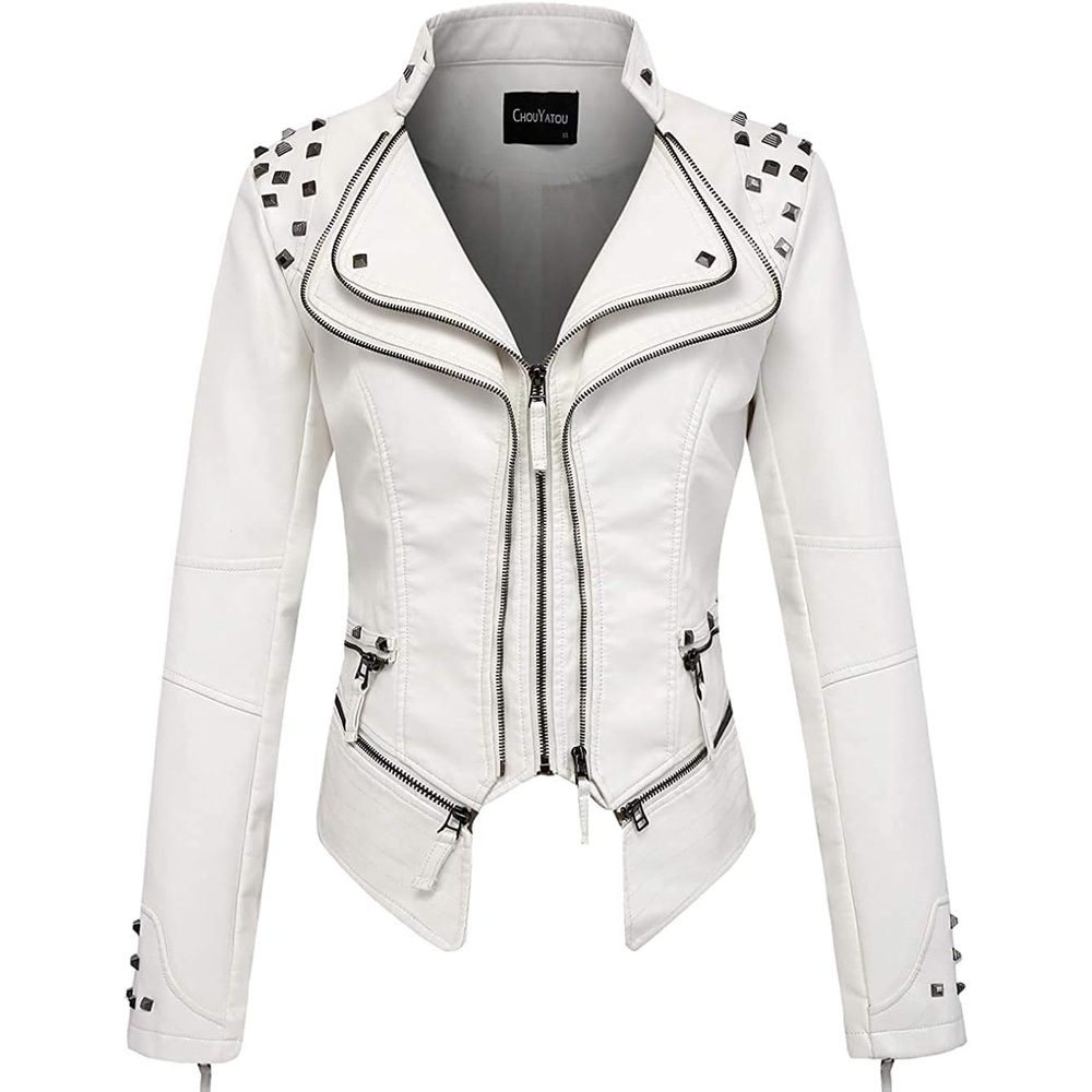 image:imagechouyatou Womens Fashion Studded Perfectly Shaping Faux Leather Biker JacketWhite