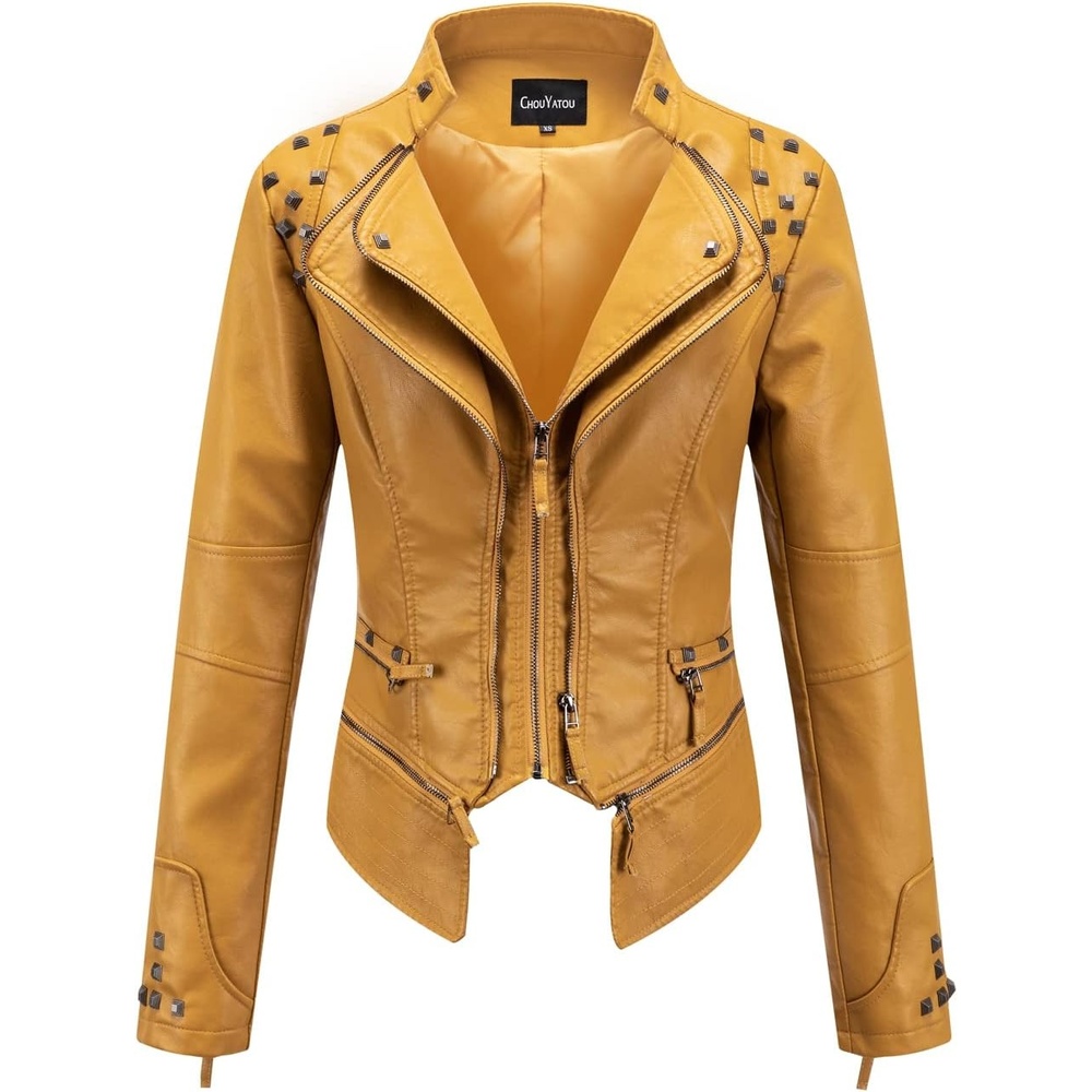 image:imagechouyatou Womens Fashion Studded Perfectly Shaping Faux Leather Biker JacketYellow