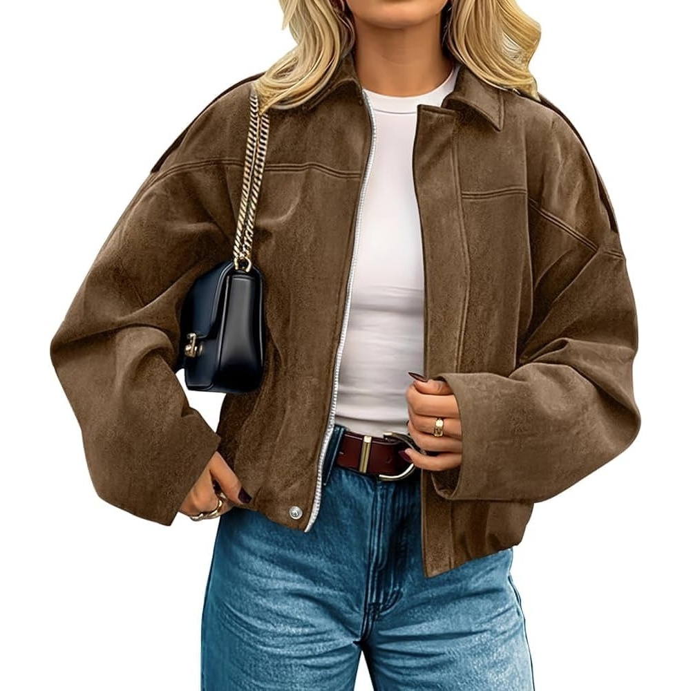 image:imagekipfall Womens Faux Suede Jackets Fall Fashion Outfits Coat Winter Clothes Open Front Cropped JacketBrown