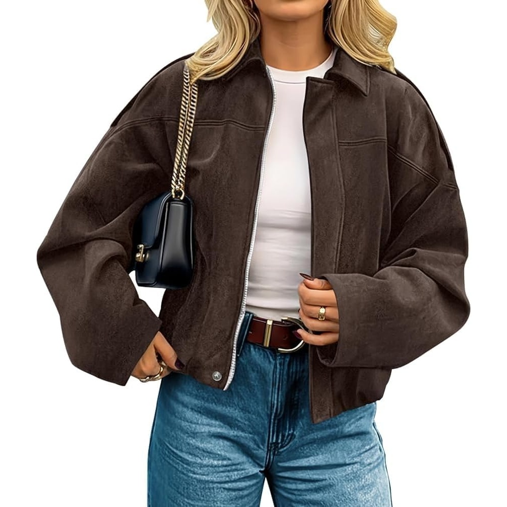 image:imagekipfall Womens Faux Suede Jackets Fall Fashion Outfits Coat Winter Clothes Open Front Cropped JacketCoffee