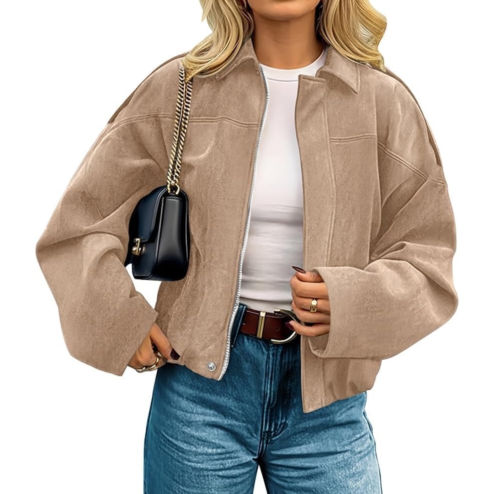 image:imagekipfall Womens Faux Suede Jackets Fall Fashion Outfits Coat Winter Clothes Open Front Cropped JacketKhaki