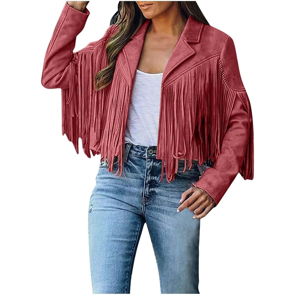 image:imagetuduoms Womens Vintage Western Fringe Jacket Tops Suede Leather 70s Cowboy Shirt Tassels Cardigan Crop Motorcycle Jacket CoatRed