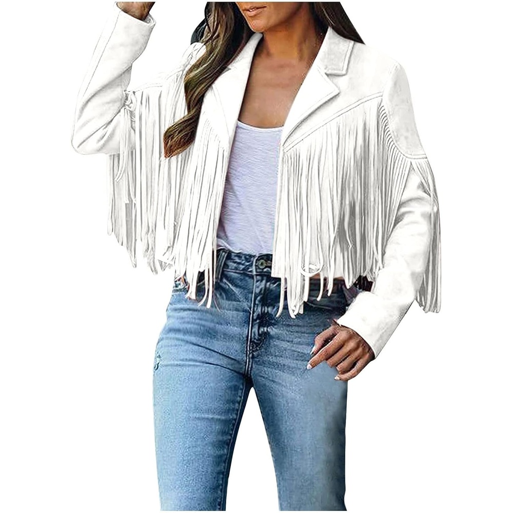 image:imagetuduoms Womens Vintage Western Fringe Jacket Tops Suede Leather 70s Cowboy Shirt Tassels Cardigan Crop Motorcycle Jacket CoatWhite