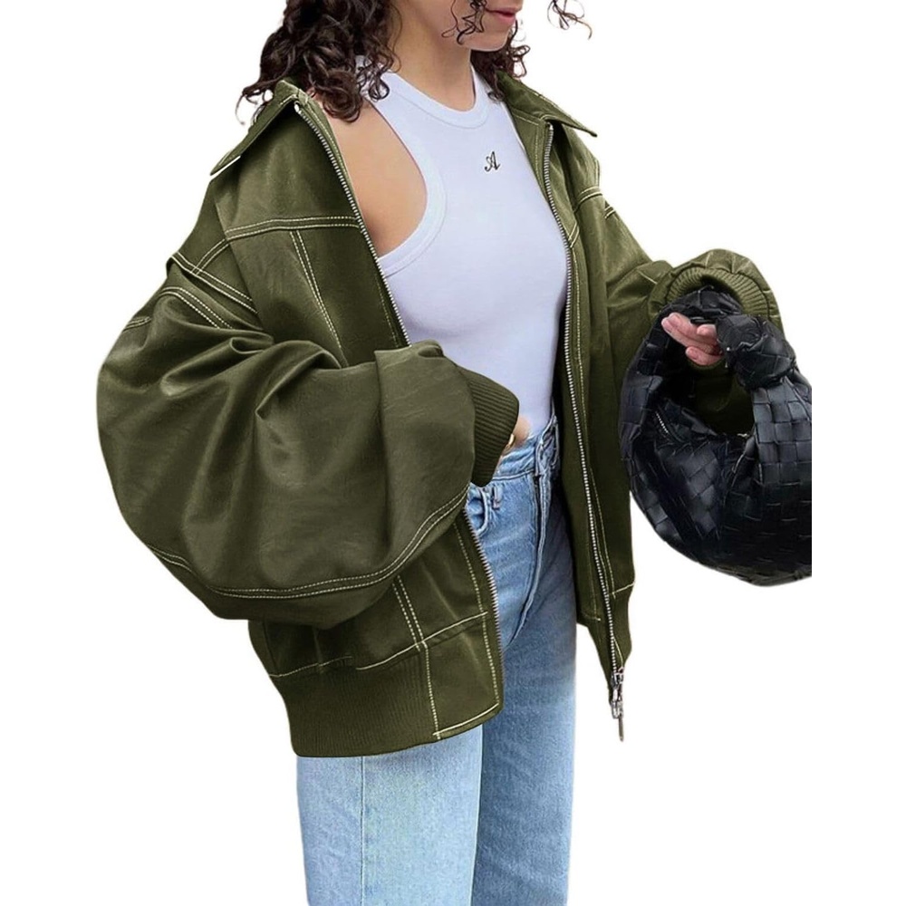 image:imageutcoco Womens Faux Leather Motorcycle Jacket Oversized Zip Up Winter Coat Outerwear 2025 Fall Fashion ClothesArmy Green