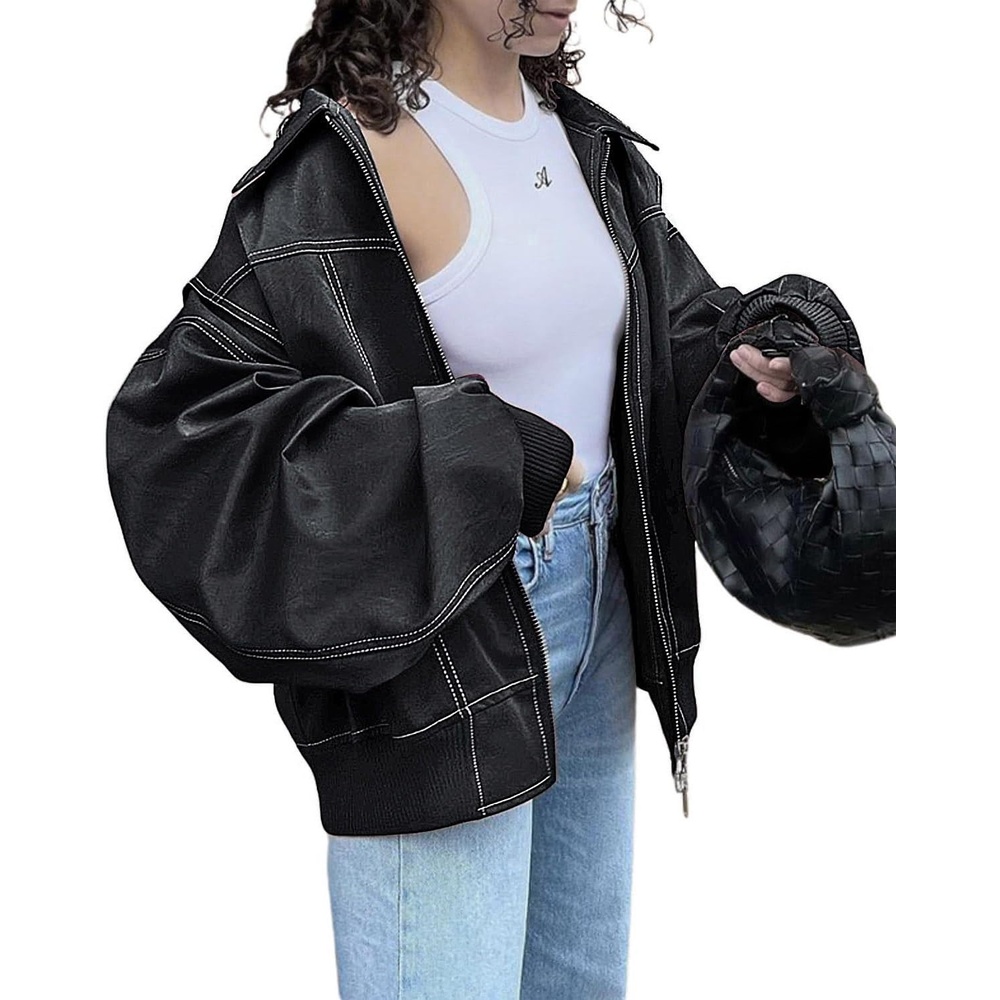 image:imageutcoco Womens Faux Leather Motorcycle Jacket Oversized Zip Up Winter Coat Outerwear 2025 Fall Fashion ClothesBlack