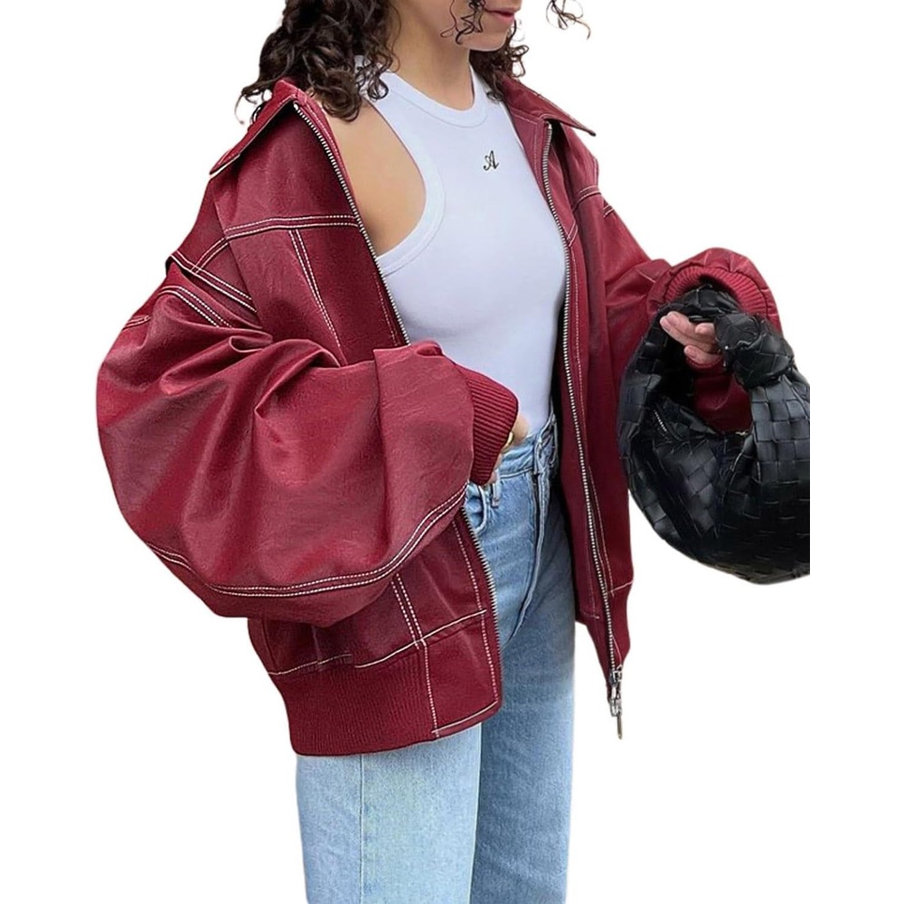 image:imageutcoco Womens Faux Leather Motorcycle Jacket Oversized Zip Up Winter Coat Outerwear 2025 Fall Fashion ClothesRed