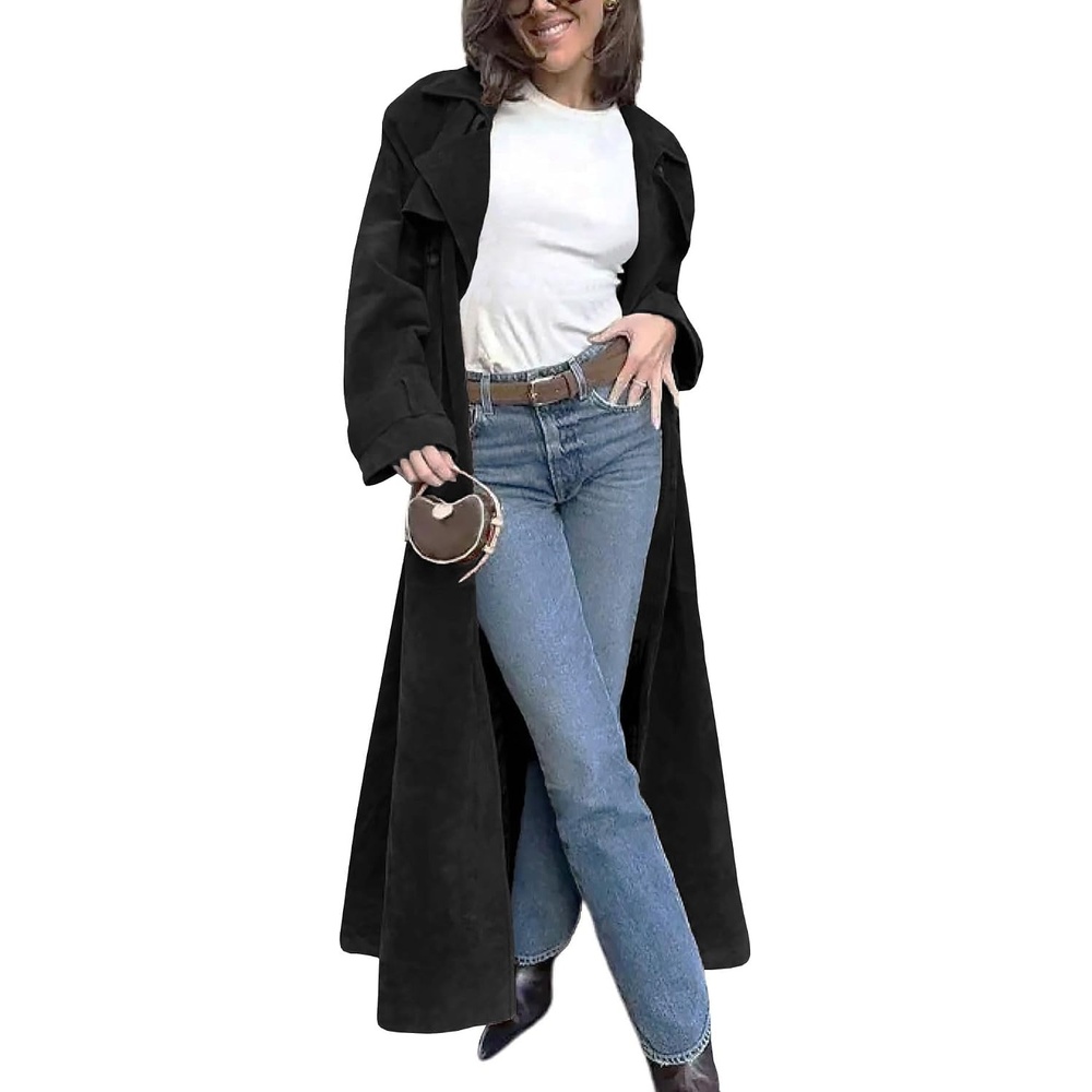 image:imageutcoco Womens Faux Suede Long Trench Coat Notched Lapel Double Breasted Pea Coat Overcoat with BeltBlack