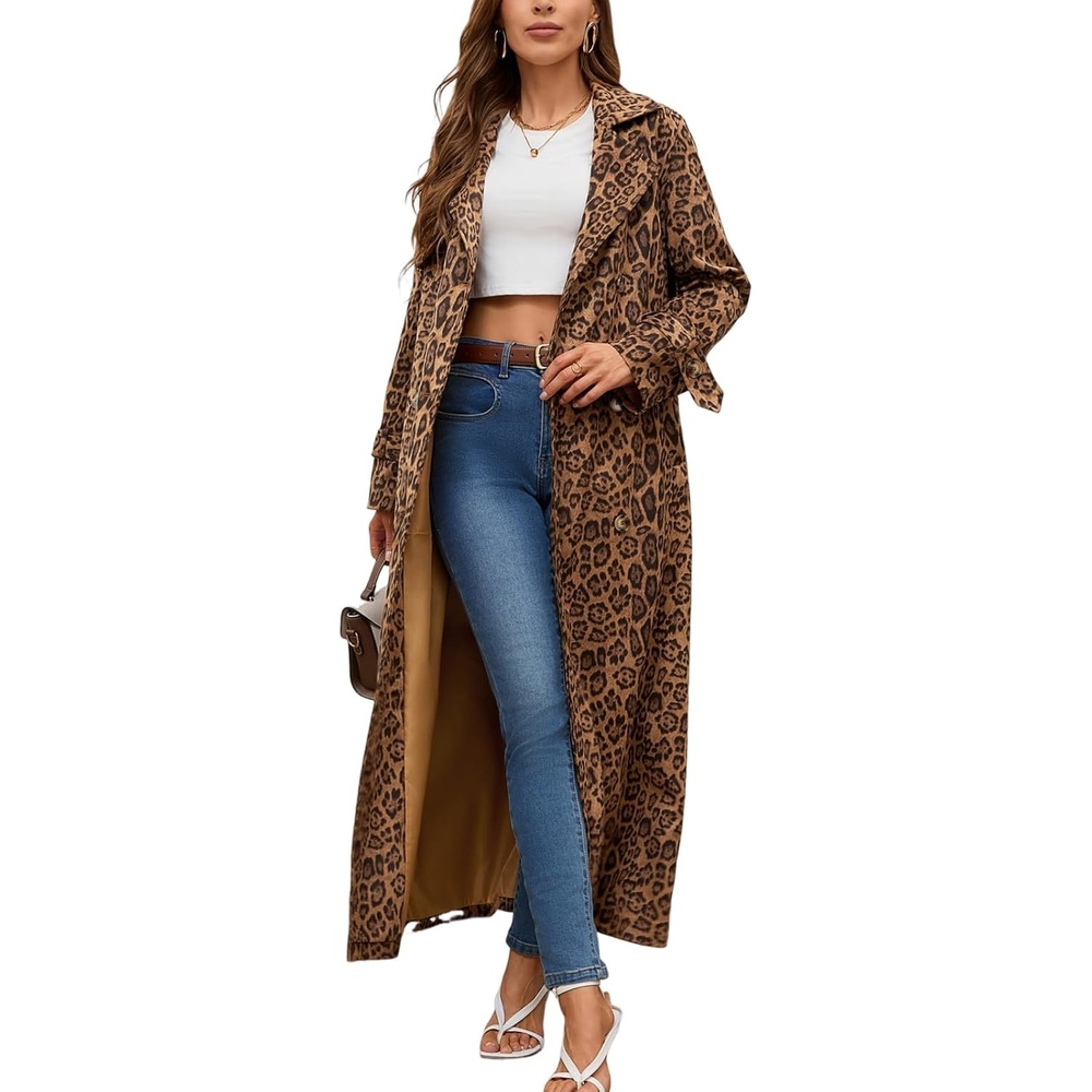image:imageutcoco Womens Faux Suede Long Trench Coat Notched Lapel Double Breasted Pea Coat Overcoat with BeltLeopard